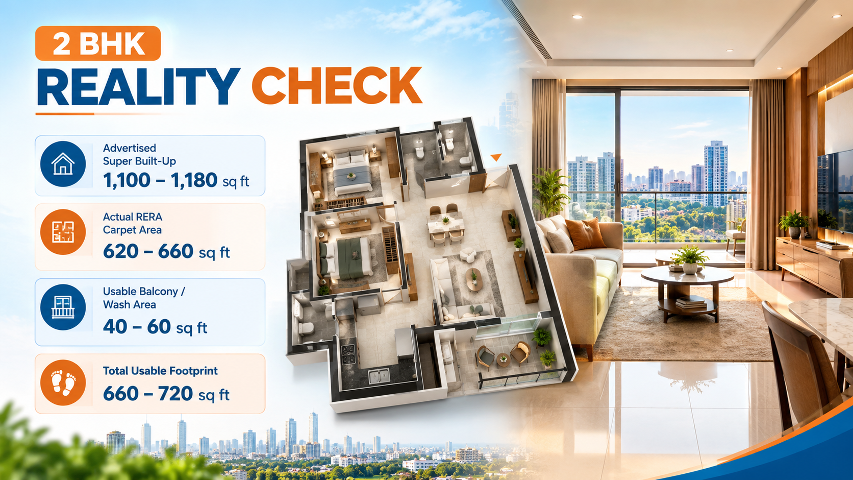 2 BHK apartment size reality check infographic showing 3D floor plan with advertised super built-up area versus actual RERA carpet area and usable footprint.
