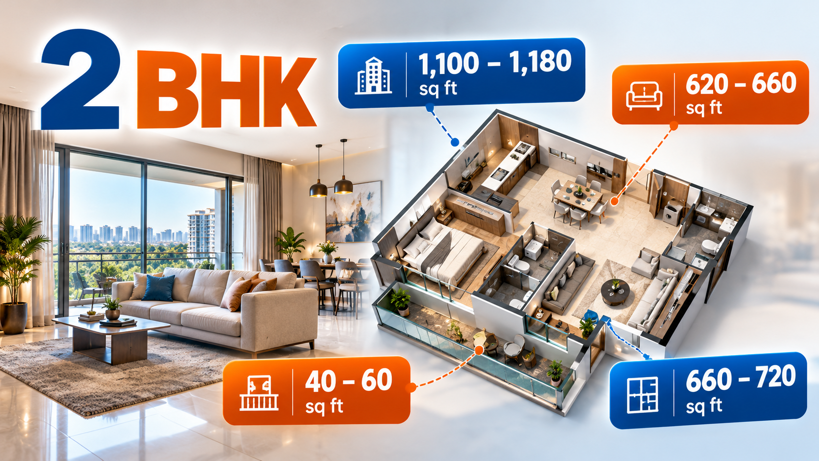 2 BHK apartment floor plan diagram breaking down 1,100–1,180 sq ft super built-up area versus 620–660 sq ft actual carpet area, 40–60 sq ft balcony space, and 660–720 sq ft usable area.