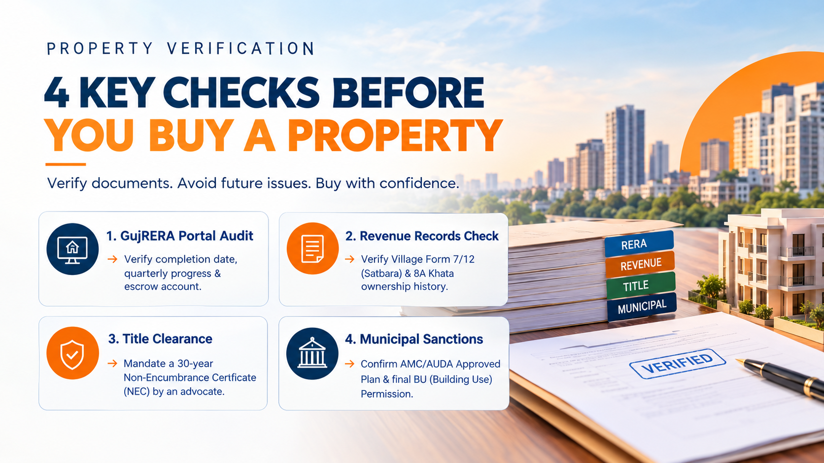 Legal document checklist to verify before you buy property in Ahmedabad including GujRERA 7/12 Satbara and BU permission