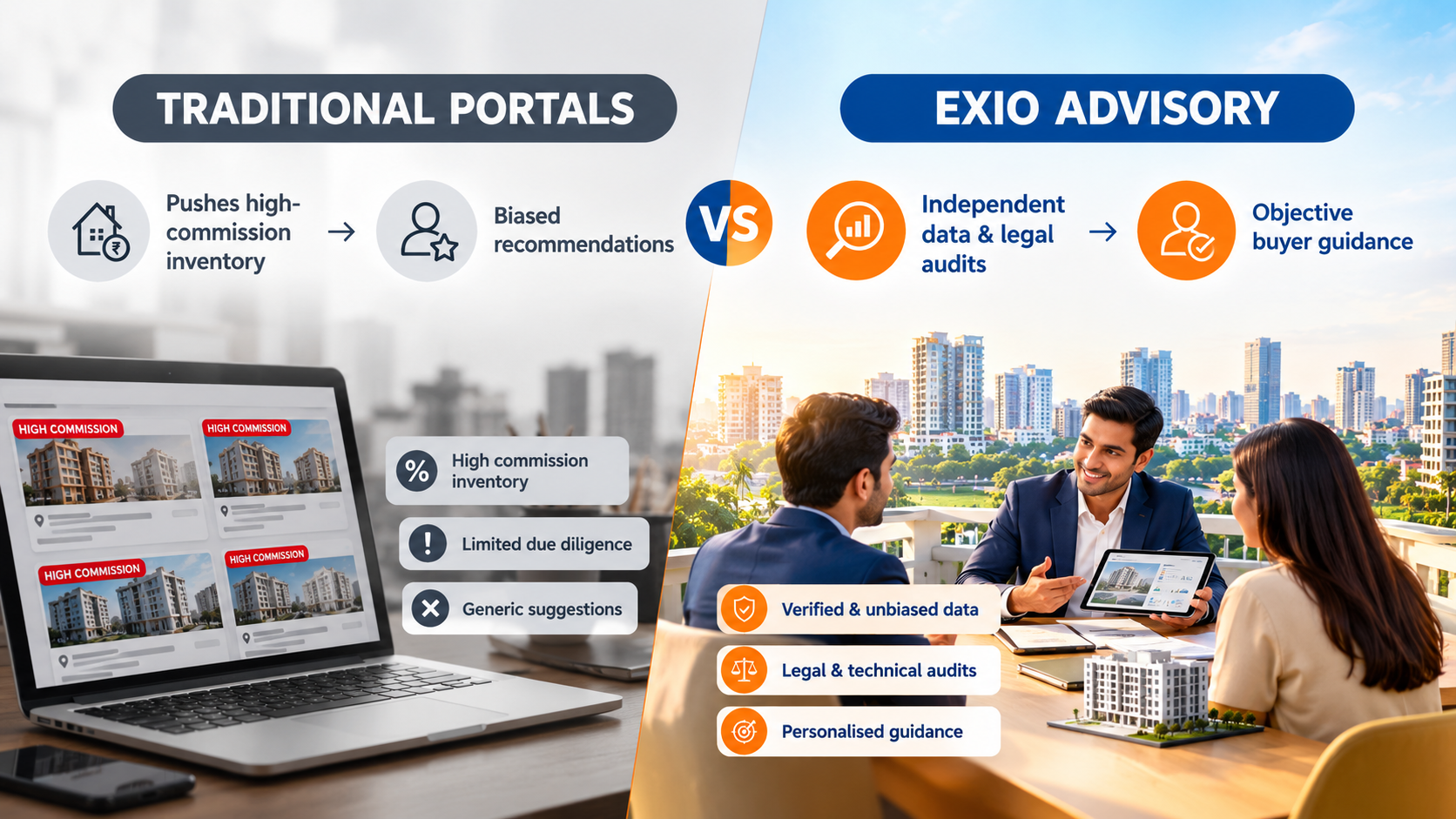 Traditional real estate listing portals vs EXIO independent advisory for buying apartments and flats in Ahmedabad