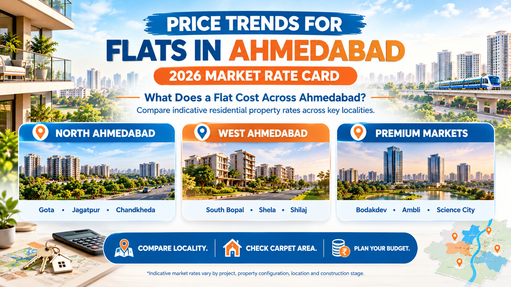 Price trends for flats in Ahmedabad 2026 market rate card comparing North, West, and premium residential property localities