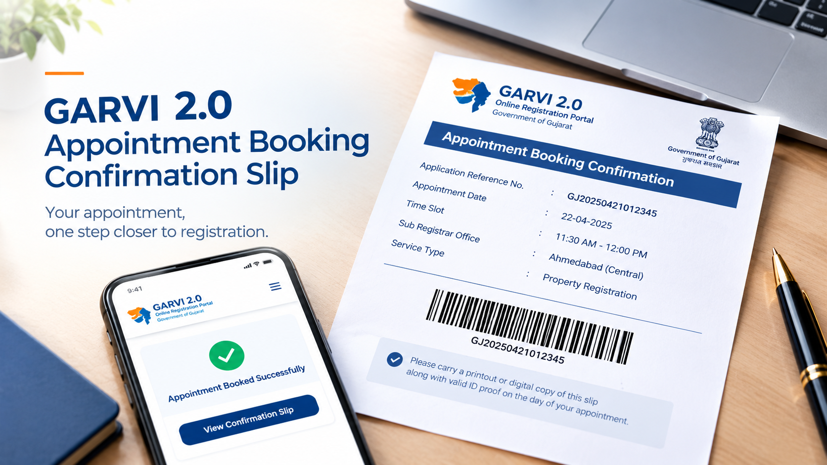 GARVI 2.0 appointment booking slip showing PDE number and SRO time slot