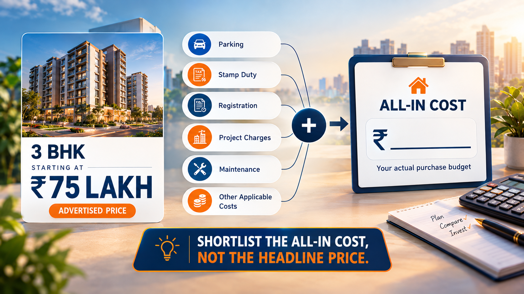 All-in property cost vs advertised price for buying a 3 BHK in Ahmedabad