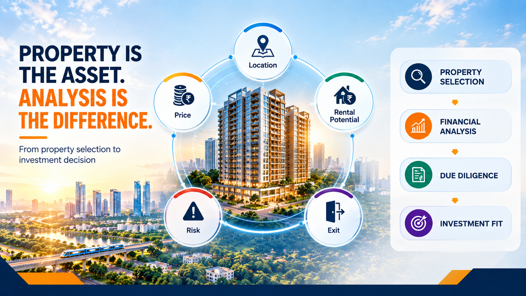 Real estate investment analysis framework comparing property selection, financial underwriting, due diligence, and exit strategy in Ahmedabad