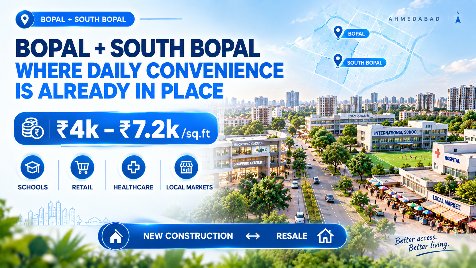 Bopal and South Bopal Ahmedabad property prices with established schools, retail, healthcare and residential infrastructure