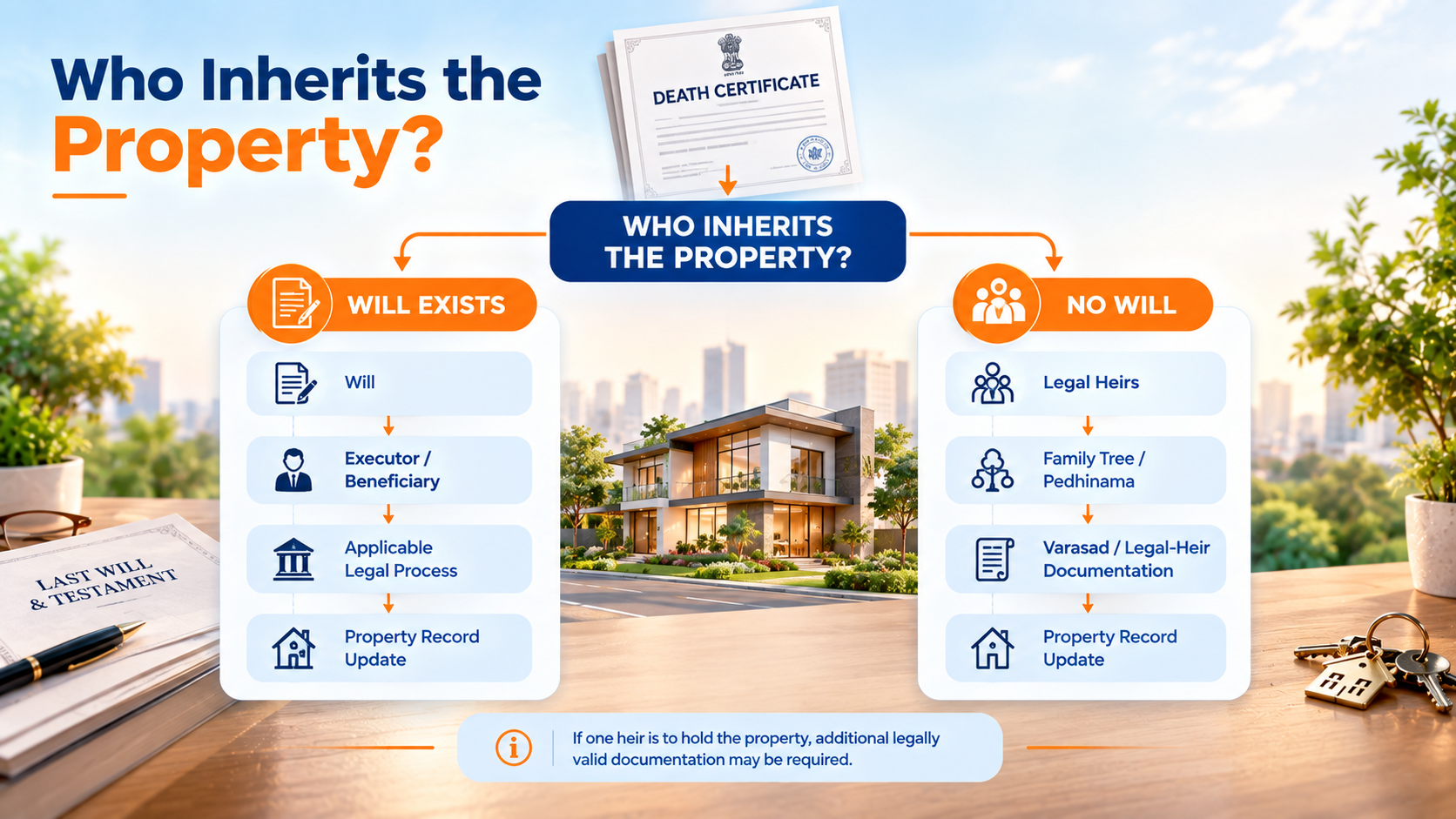Property inheritance process showing death certificate, Will, legal heirs, Pedhinama, Varasad and property record update